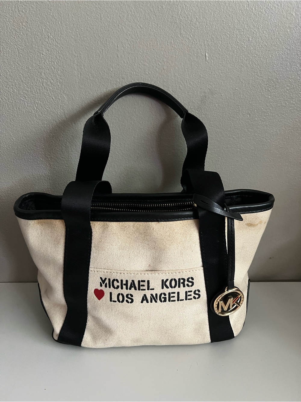 Michael Kors Small Off White Canvas Los Angeles Heart Tote Bag Black Trim Rare